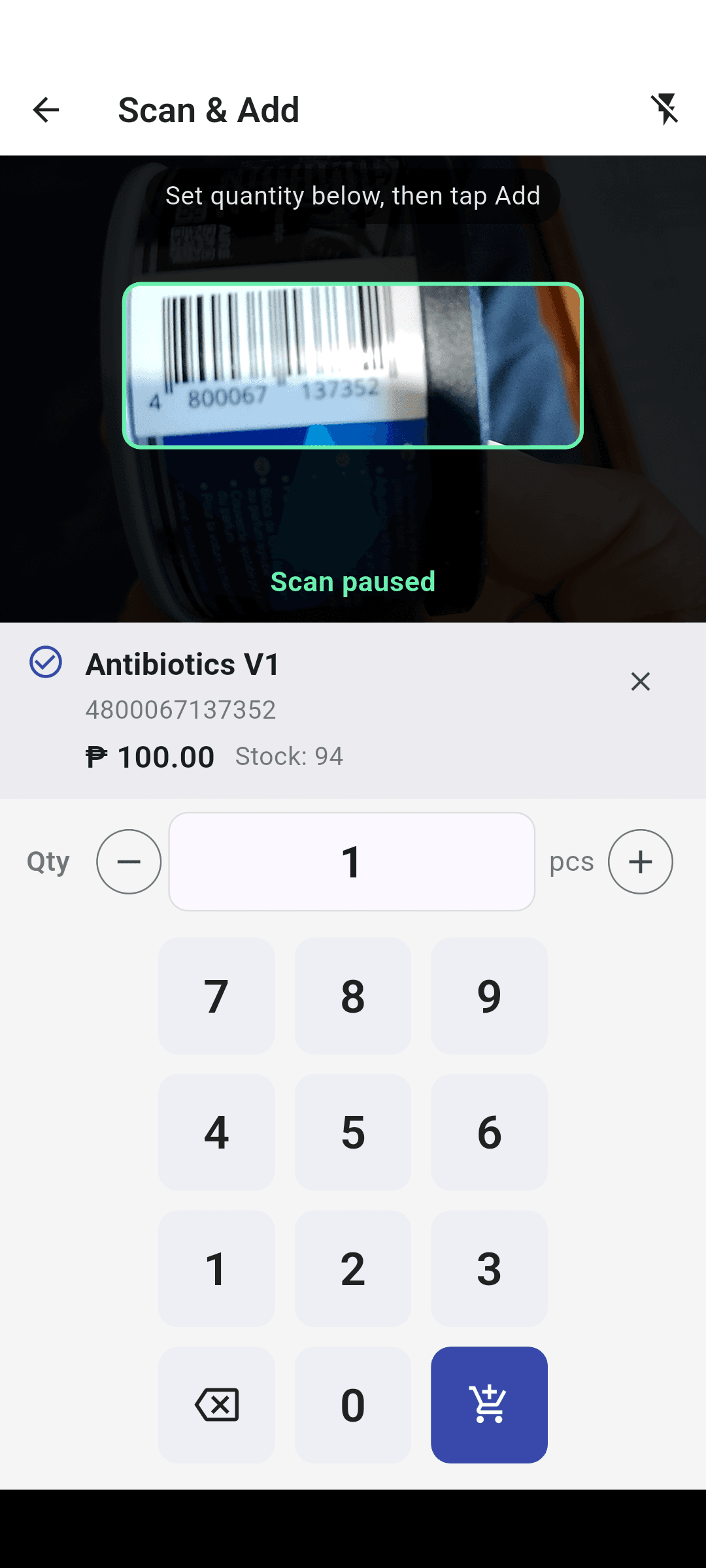 Posh barcode scanner with a detected product and quantity controls