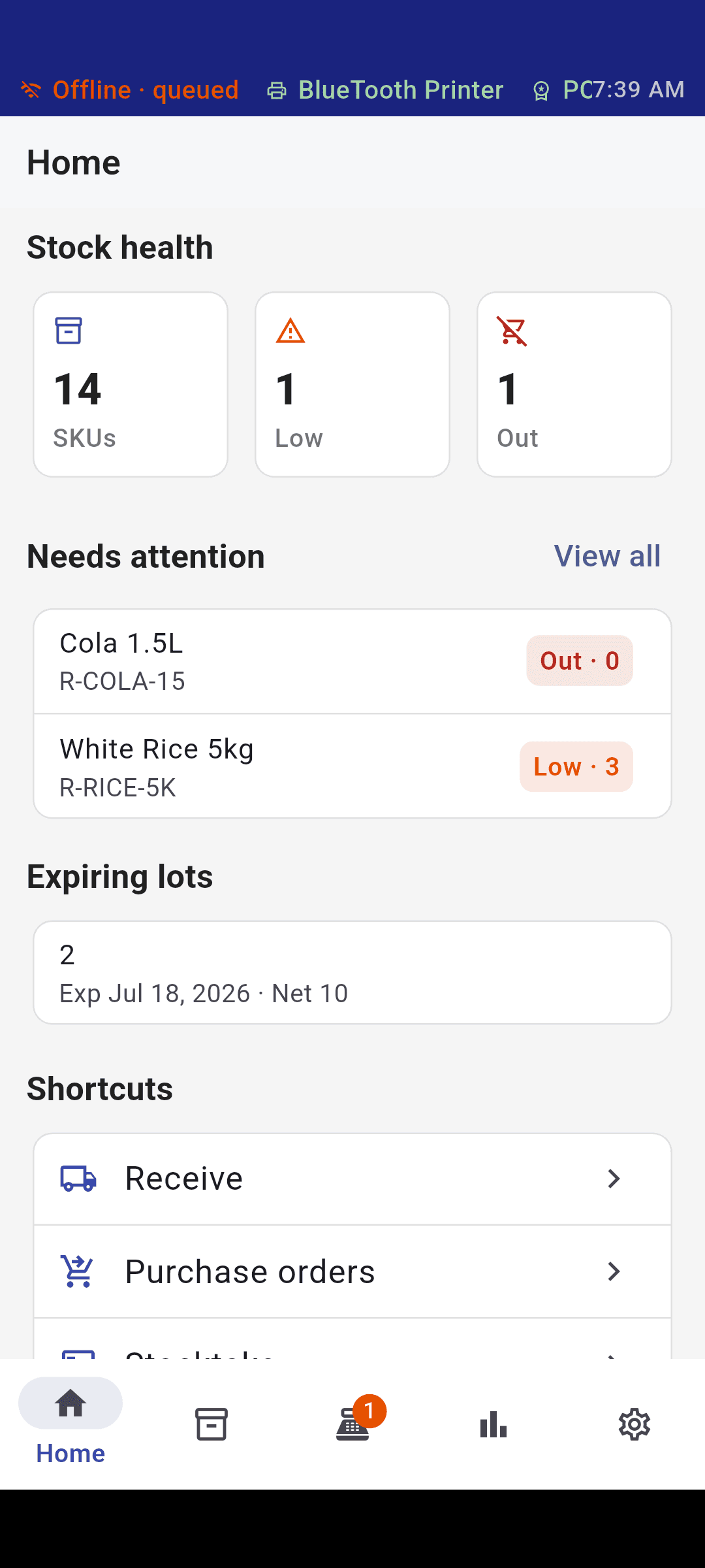Posh home dashboard showing stock health, low-stock items, and inventory shortcuts