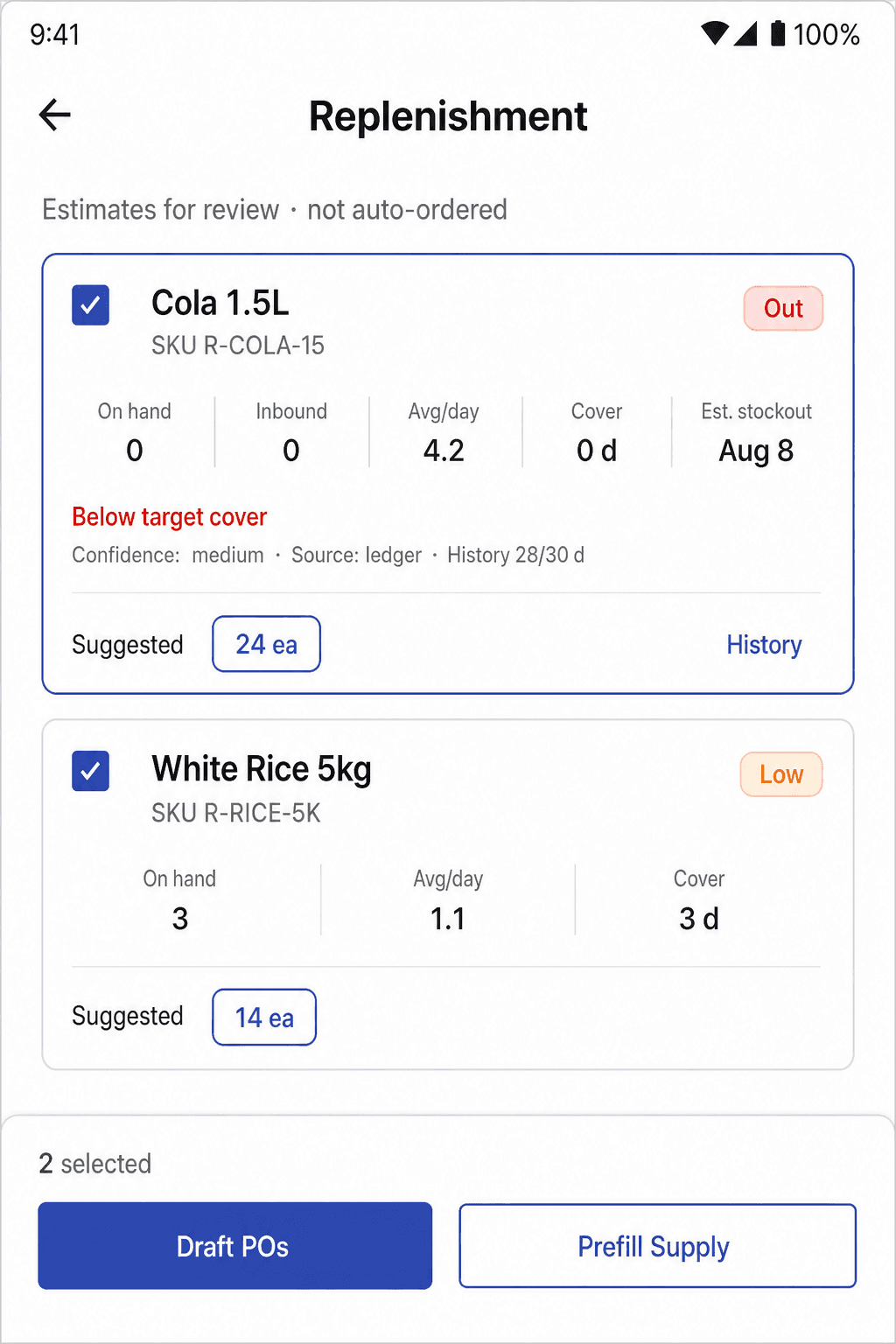 Illustrative Posh replenishment workspace with suggested quantities, draft PO, and Supply prefill actions